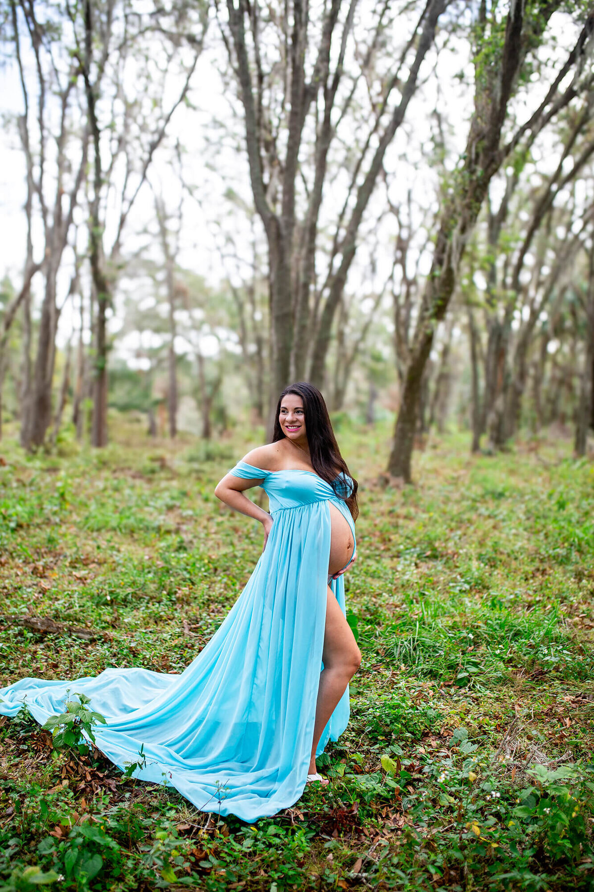 Dark haired woman wearing flowing blur maternity dress in park maternity session at Jefferson Equestrian Park in Tampa, FL 