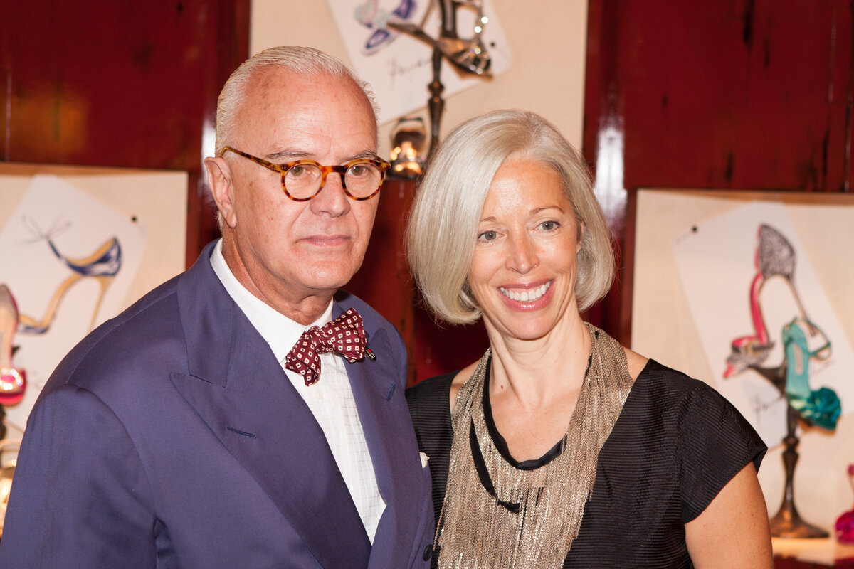 Fashion Icons Manolo Blahnik Personal Appearance at Bergdorf Goodman in 2008 posing with  fashion director Linda Fargo, Photograph by Hans Gonzalez