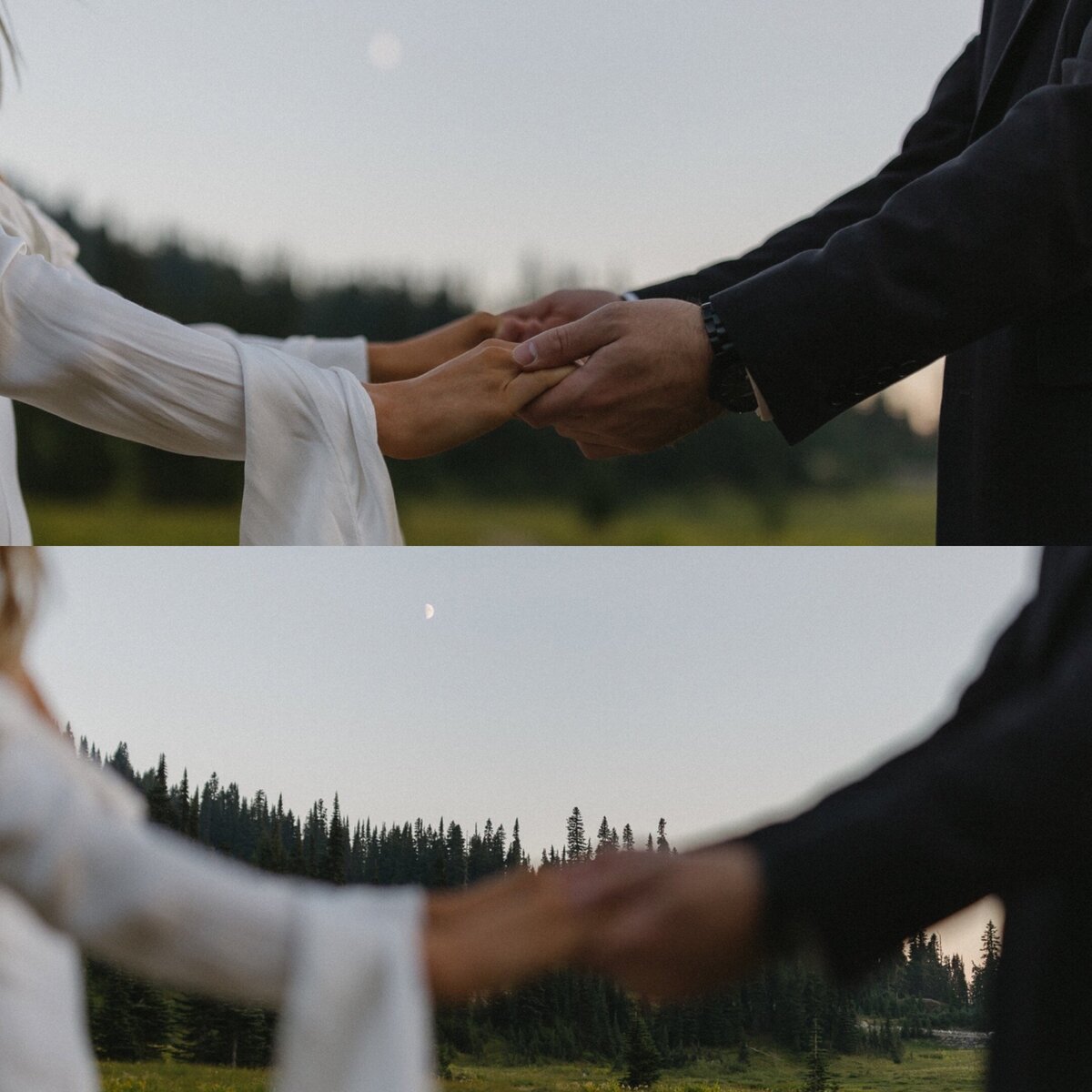 Couple in wedding wedding attire holding hands.