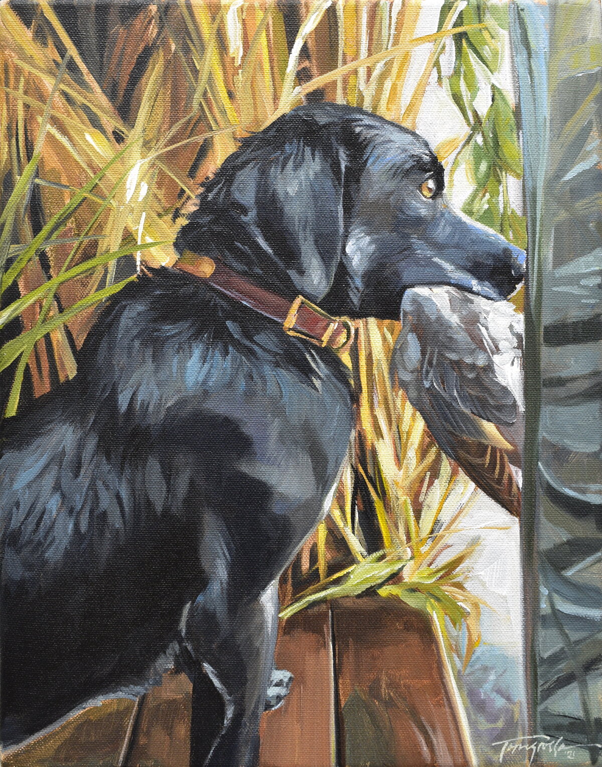 custom pet portrait black lab with duck hunting