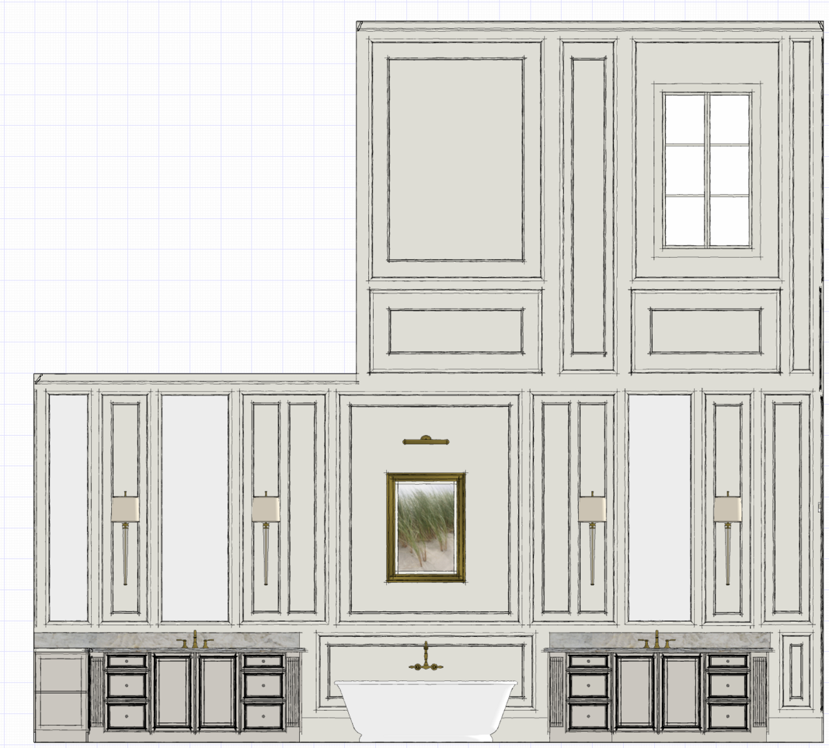 judges paneling to the ceiling. french country style bathroom. master suite elevation. cape charles interior design. kristina anne designs. mandeville lousianna. remote bathroom design. virtual bathroom design. 
