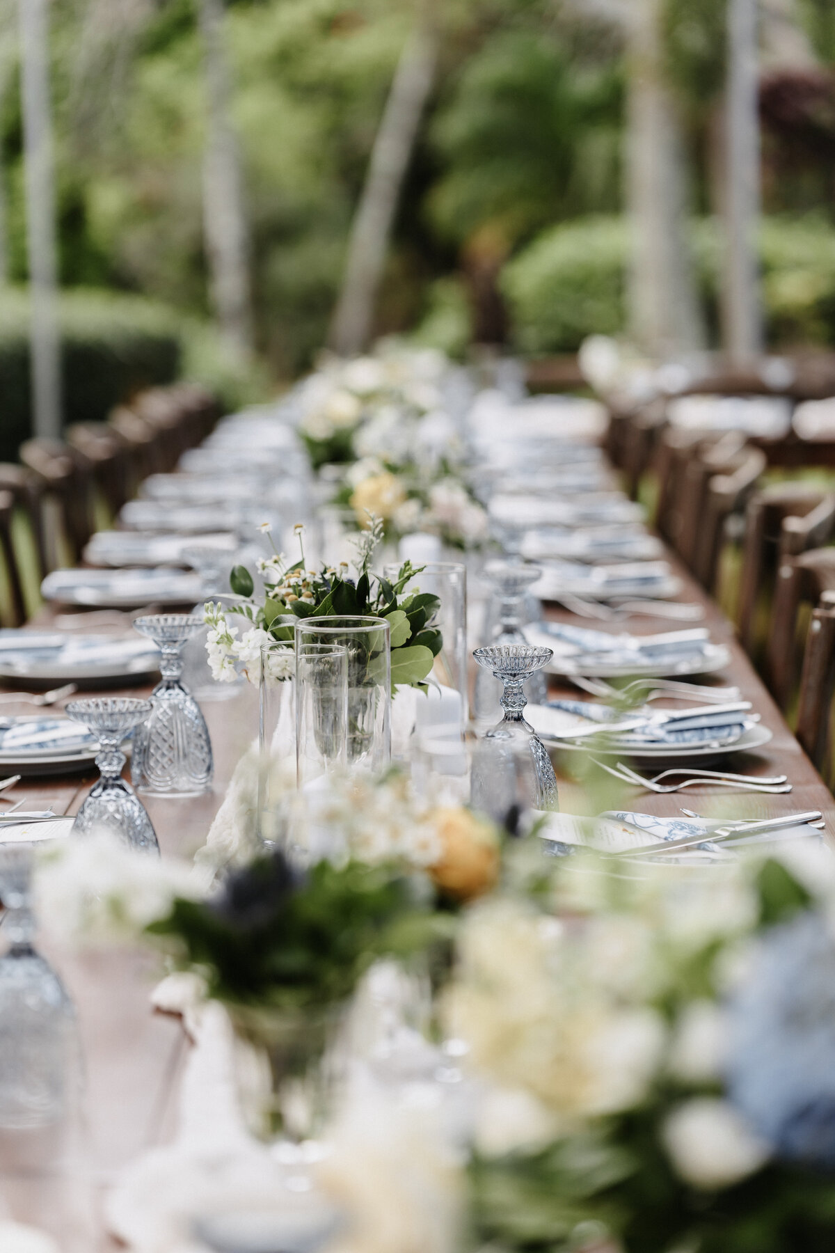 Long rectangle wedding reception table on farm tables with dark wood chairs and green centerpieces