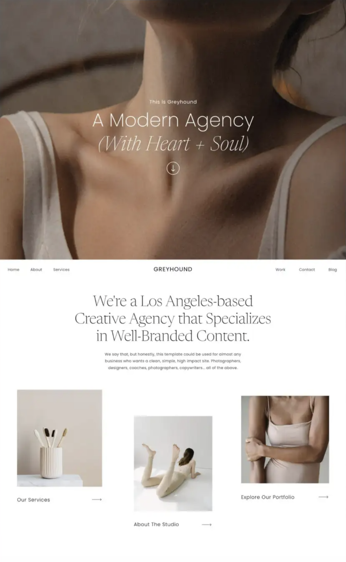 Home page of the Greyhound Showit template from TONIC Site Shop