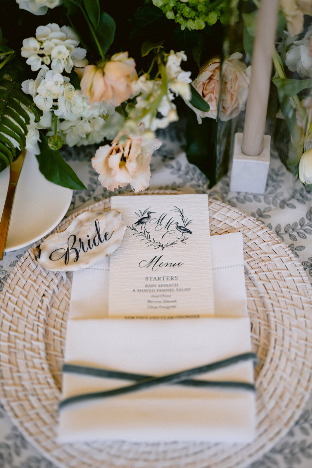 Kate-Murtaugh-Events-Weekapaug-Inn-tented-wedding-custom-calligraphy-blue-menu-place-setting