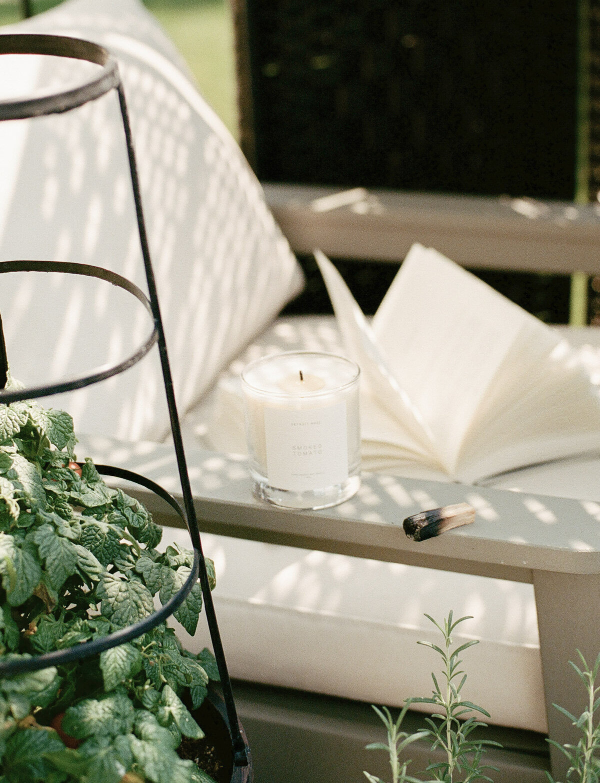 Film candle lifestyle branding product photo, outdoor chair with plants, Detroit Rose candle Smoked tomato scent, book, sunlight, palo santo outside