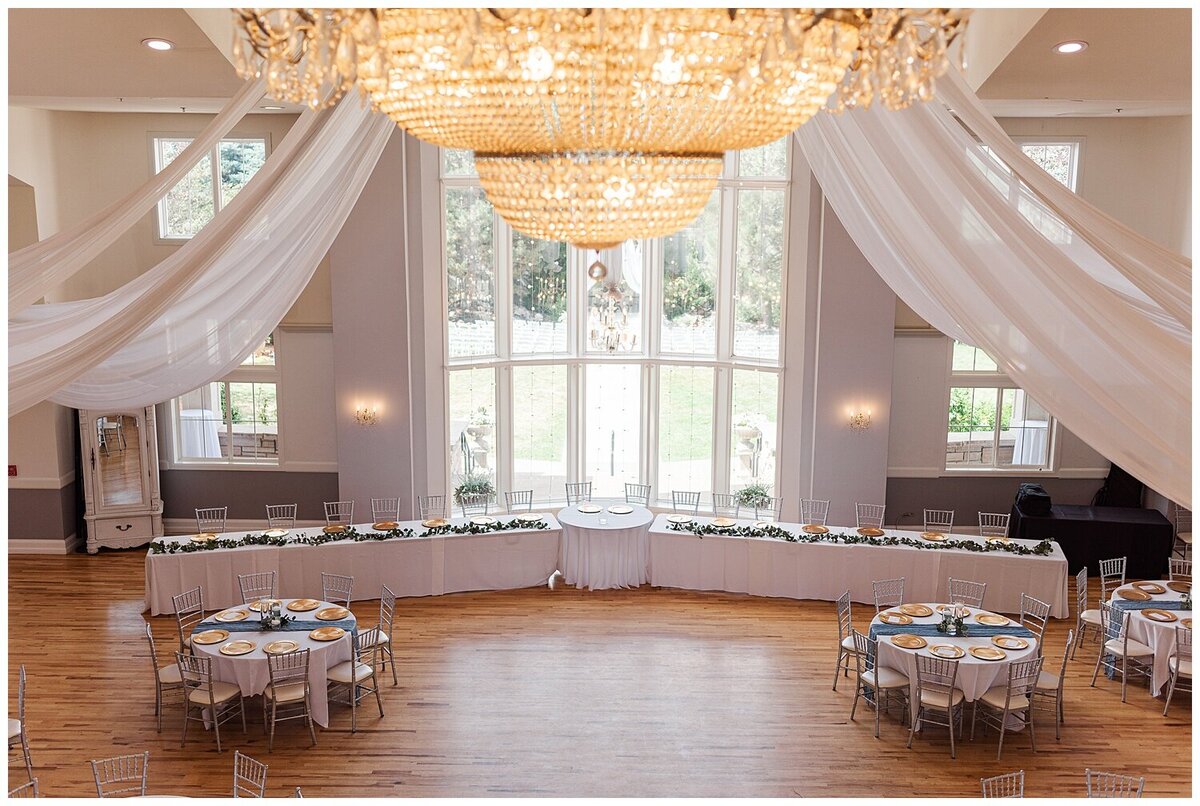 Zoomed out view of the reception space set up for a wedding captured by denver wedding photographer at chateaux at fox meadows