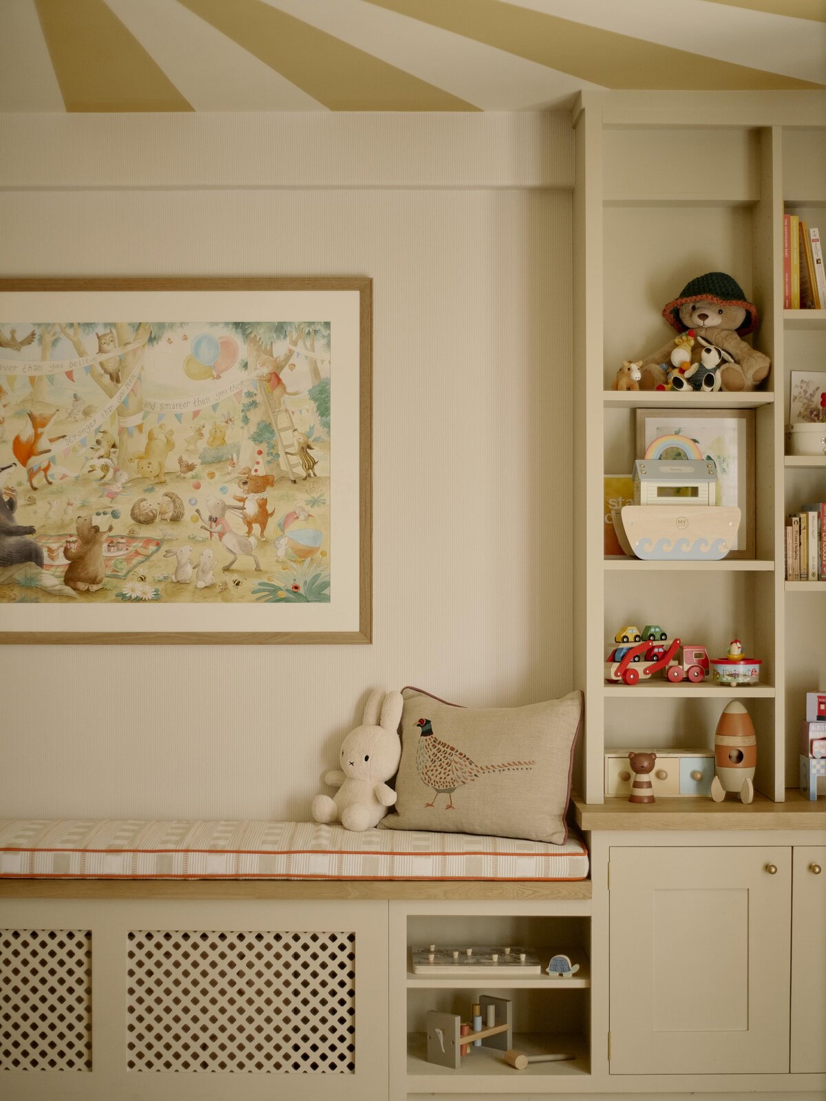 Detail of playroom shelving with toys