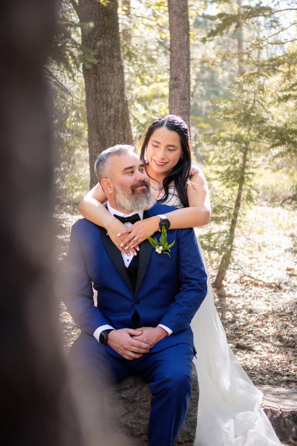 Bride and Groom eloping at Big Bear Buttercup Campground within trees.