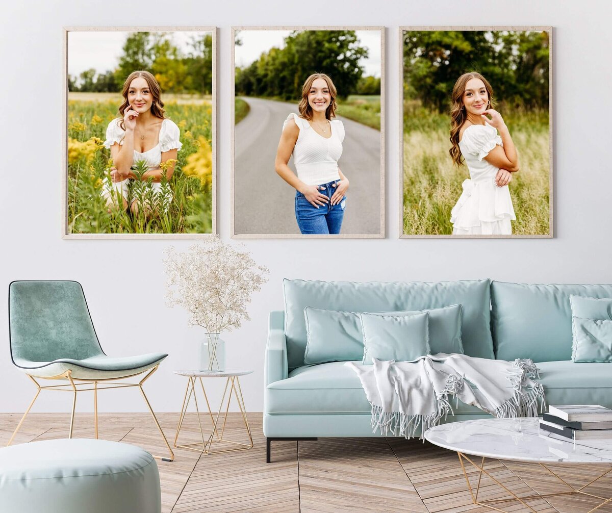 3 framed images of a Green Bay teenager hanging above a couch and chair in a living room
