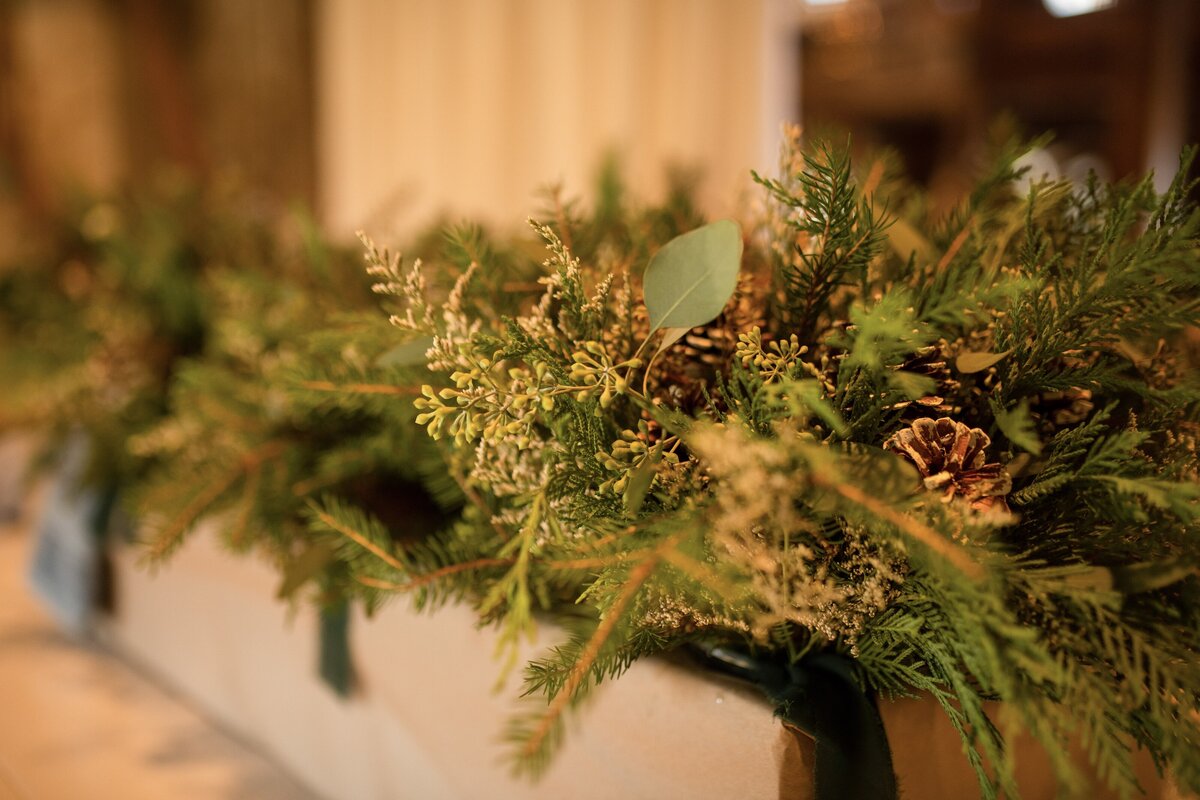 Cedar, balsam, oine cones and seeded eucalyptus bridal boquets.