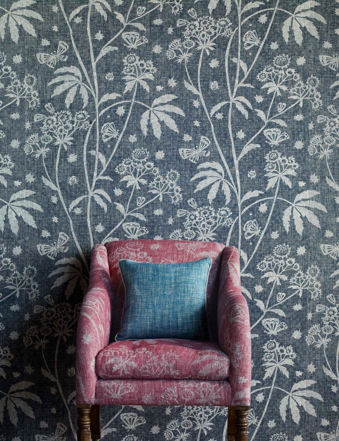 Fermoie Autumn 2020 - Chair (Antique by Lorfords) in Astrea ASTR-002, Cushion in pink Suede Shoes, Walling in Astrea ASTR-012 FRONT