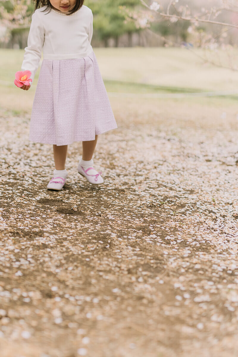 地面に散った桜の上を歩く女の子の足元を撮った写真。紫色のパンプスが可愛らしい。相模原市の公園で撮影。