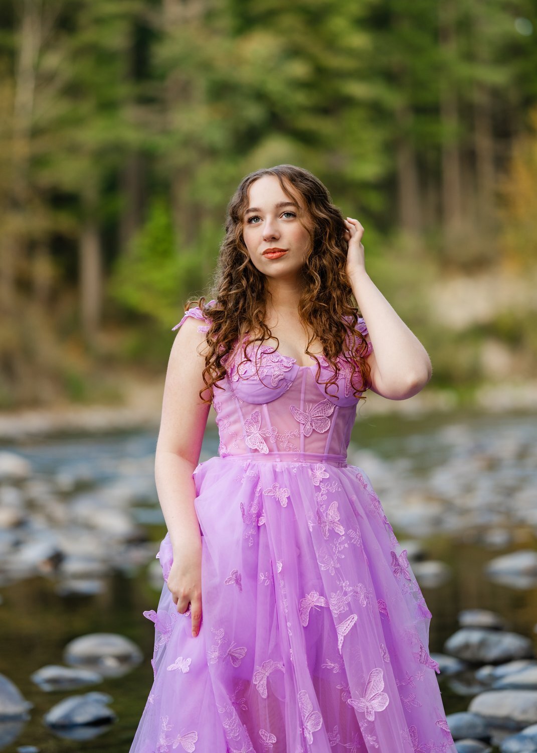 tanner landing park senior portrait on river rock in ball gown