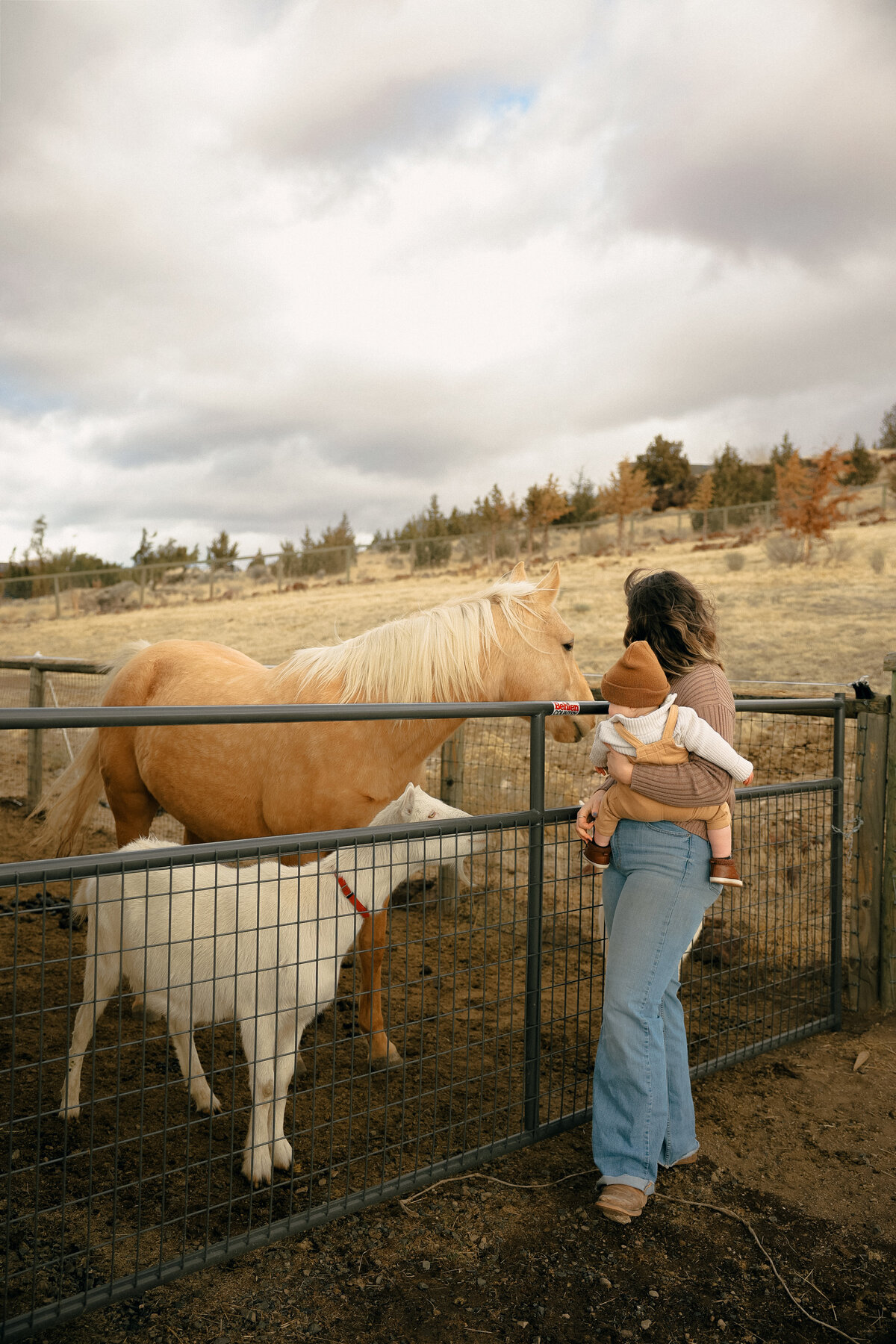 Mother Holding Baby Beside Horse and Goat on Family Farm in Oregon Countryside