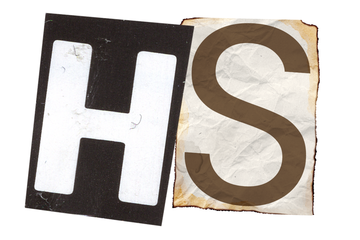 Multi-colored, mismatched magazine cut-out letters "H" and "S"