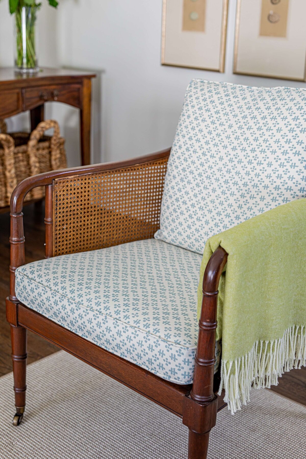oyster creek studios highland park home wooden chair with blue and white cushions in living room
