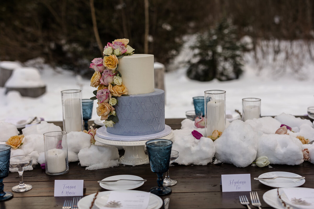 Close up of a beautiful cake and table decor outdoors in the snow.