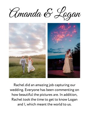 A couple poses for the camera at their wedding in an open field, and while watching fireworks.