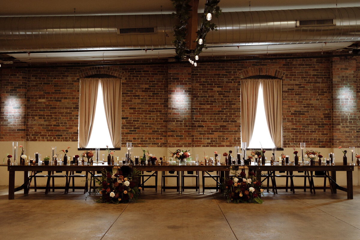 Head table setup at a wedding reception at Upper Larimer.