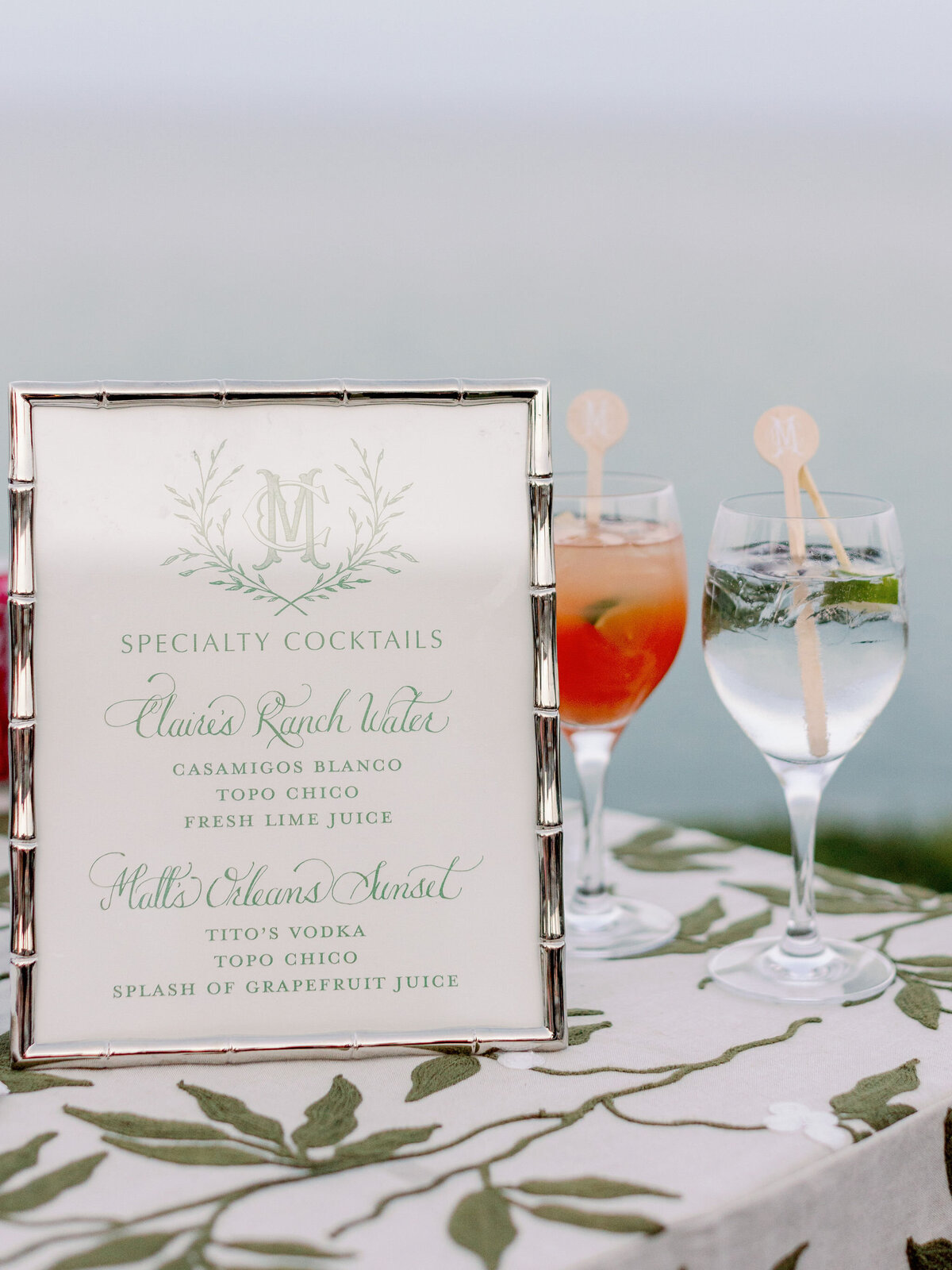 A framed photo of the signature cocktails alone with each cocktail.