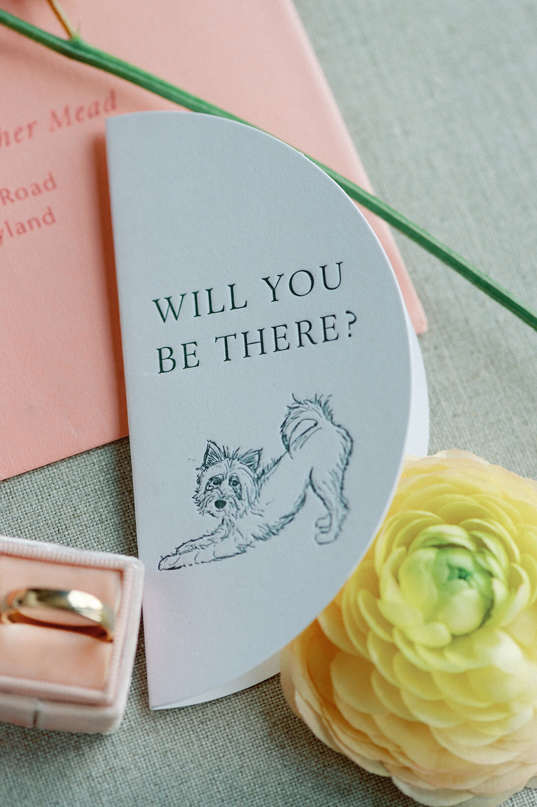 RSVP custom calligraphy with line art of a dog
