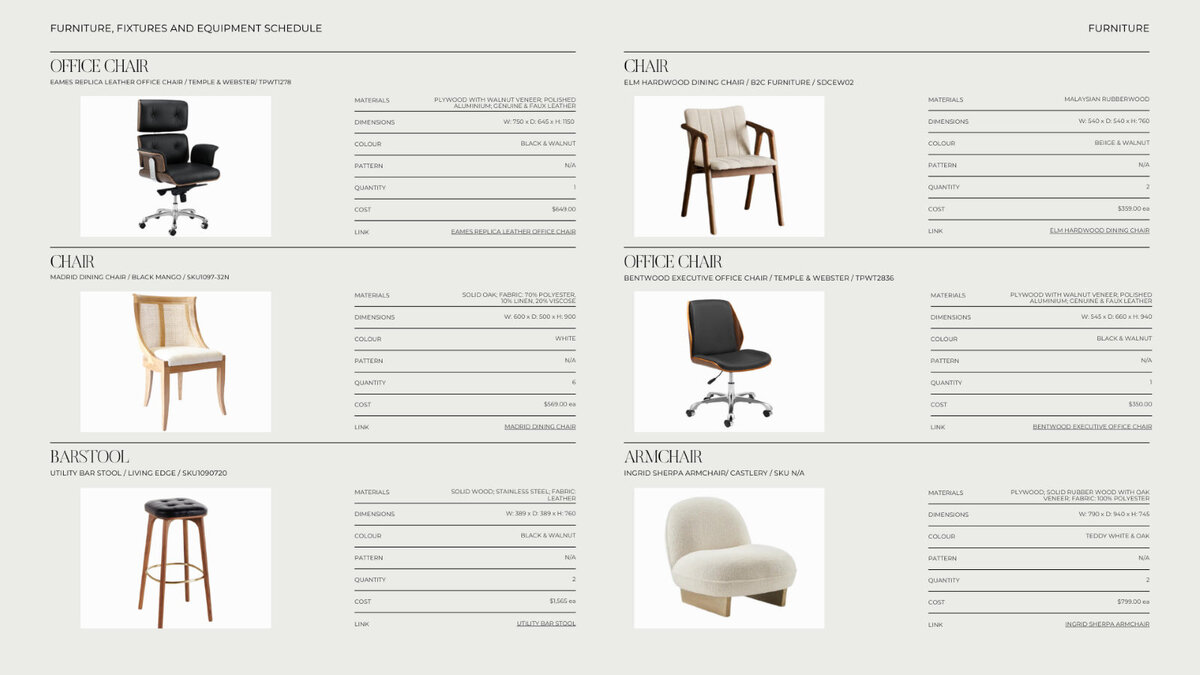 A page from an FFE schedule featuring selected chairs for an interior design studio, highlighting carefully curated choices for style and functionality.