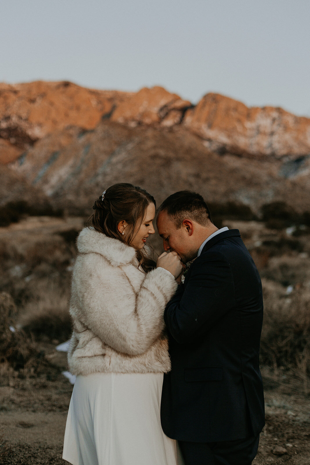 bride and groom standing at the Sandia Foothills in Albuquerque