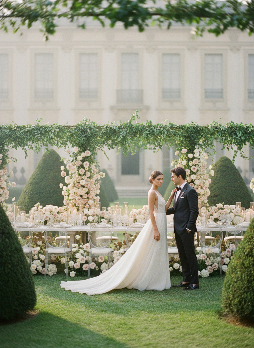 Firefly_Gemini Flash_Fine-art bridal photography shot on soft film stock. A luxurious outdoor wedding scen 886708