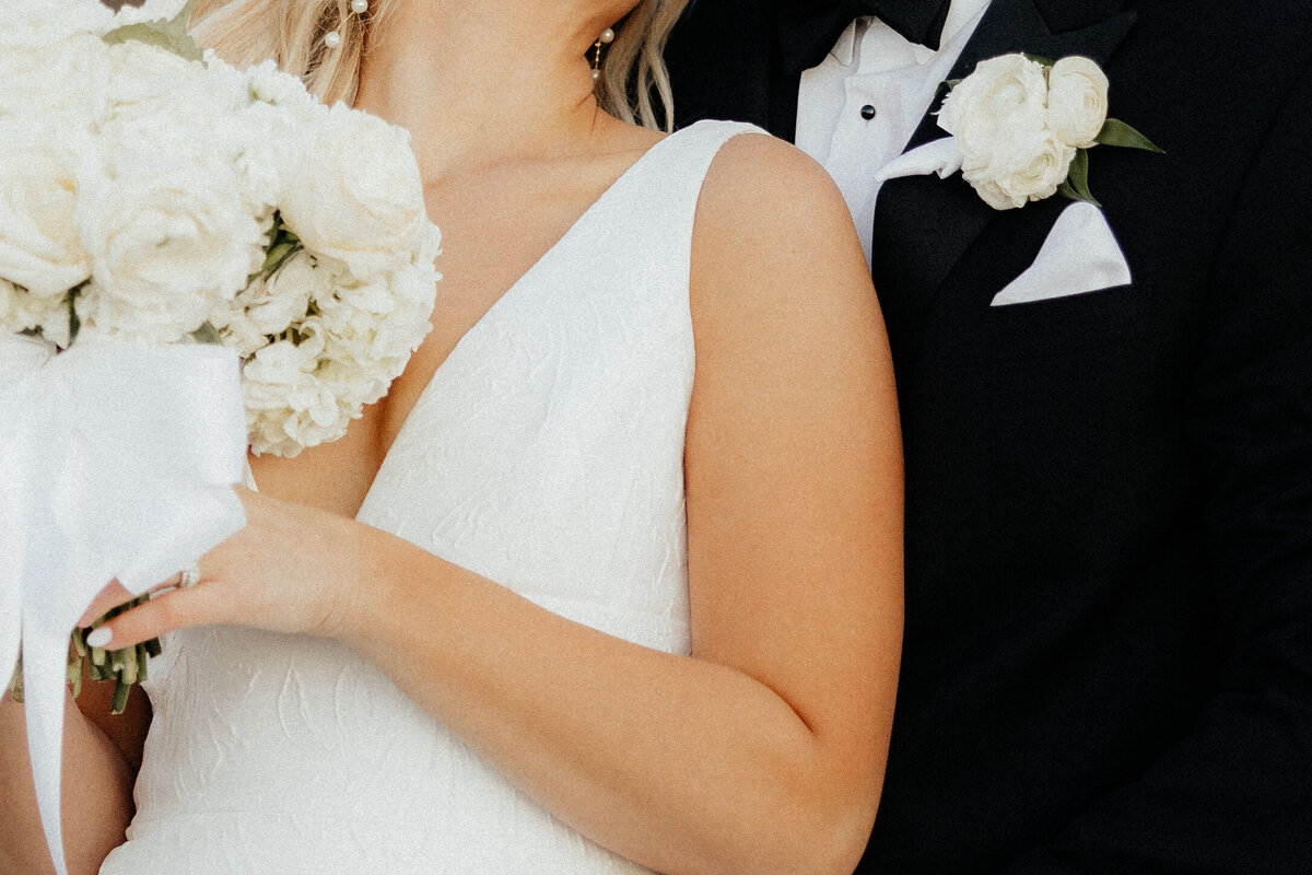 A close-up of the bride leaning against the groom.