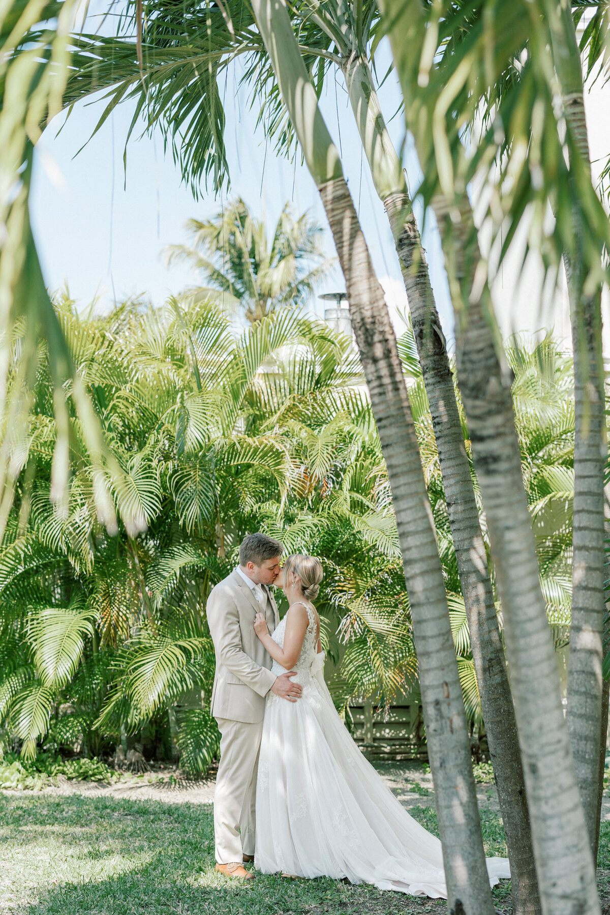 Bride and groom kiss under palm trees at their Cancun wedding, captured by a Philadelphia wedding photographer.