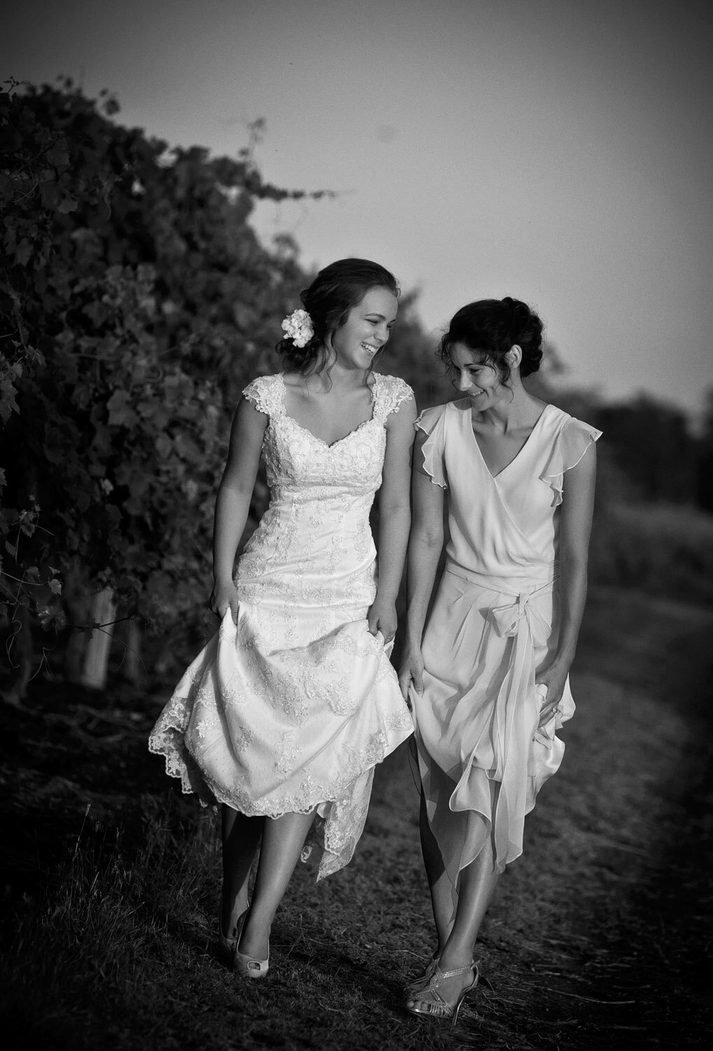 bride and bridesmaid in vineyard outside of Emerald, QLD