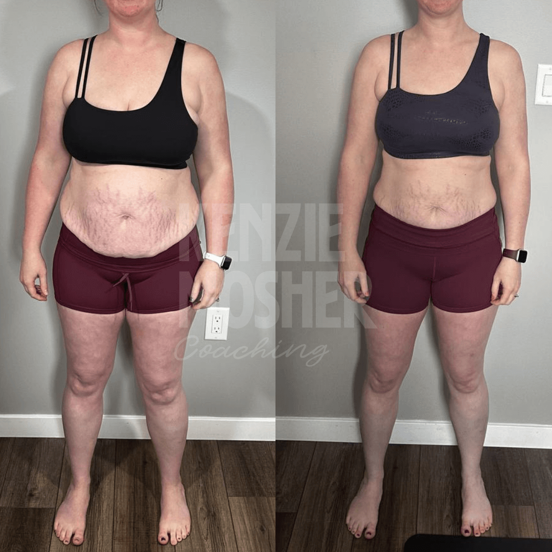 Before and after photo of woman showing fat loss and improved body composition through the Functional Fat Loss Protocol.