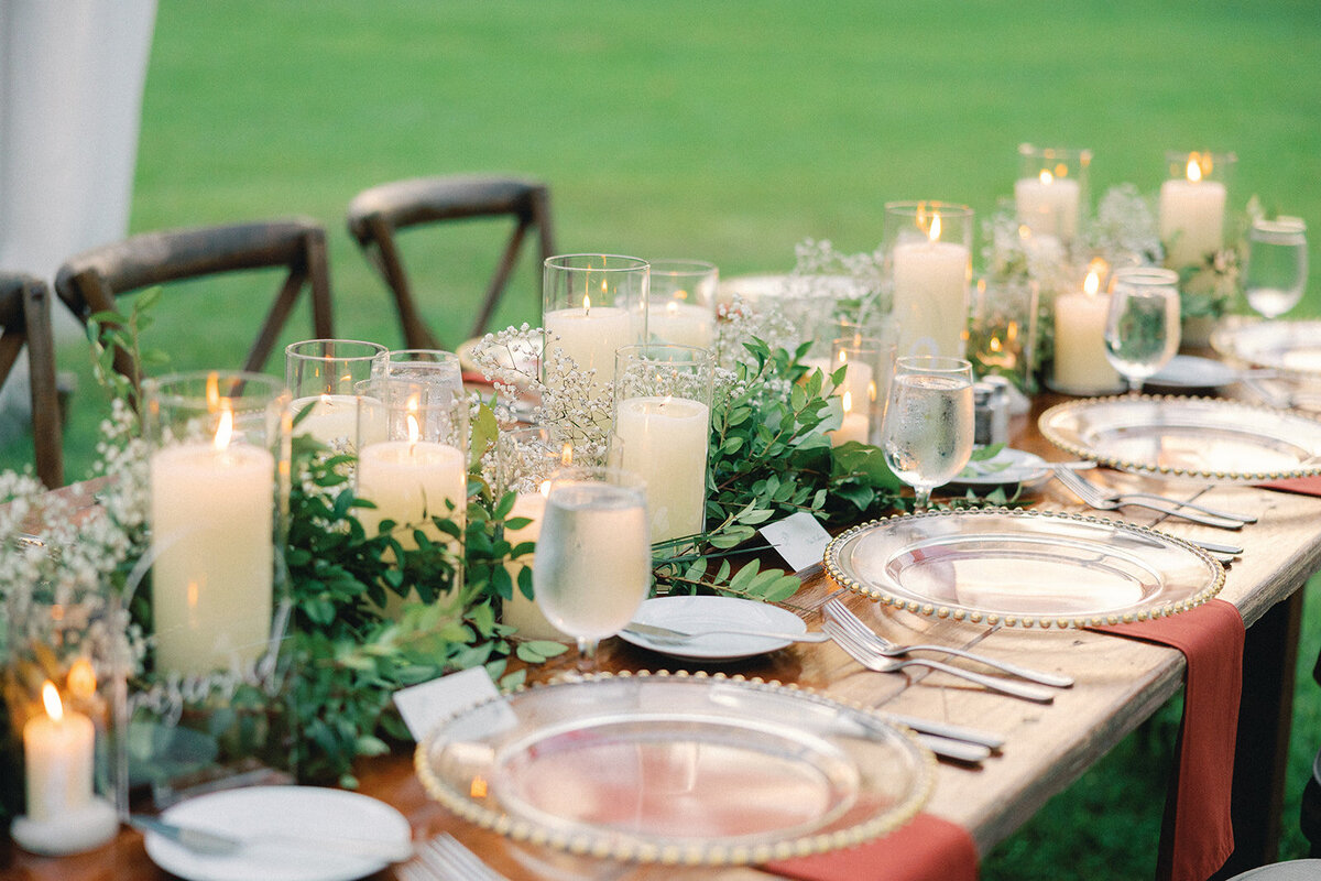 Fall Wedding Greenery & Candles Centerpiece | The Coastal Discovery Museum Wedding | Hilton Head Island, SC | Coastal Floral & Events | Two Arrow Films