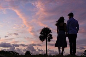 Romantic couple silhouetted against colorful sunset sky with palm tree by St Augustine wedding photographer during engagement session