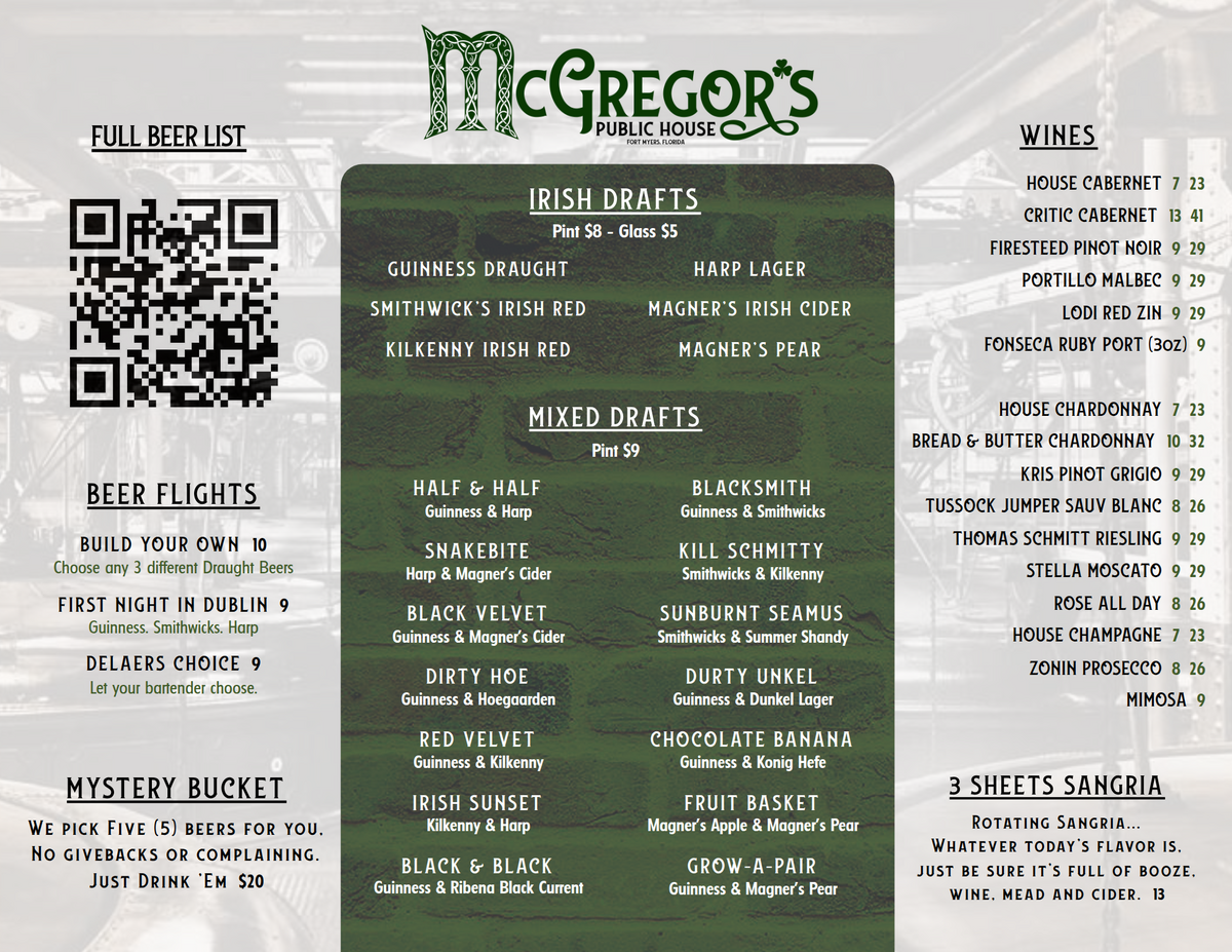 drink menu showcasing different specialty cocktails that our bar staff can create page 1