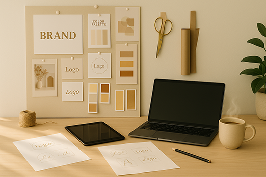 Content creator’s desk with social media tips on tablet, hashtag ideas, and coffee.