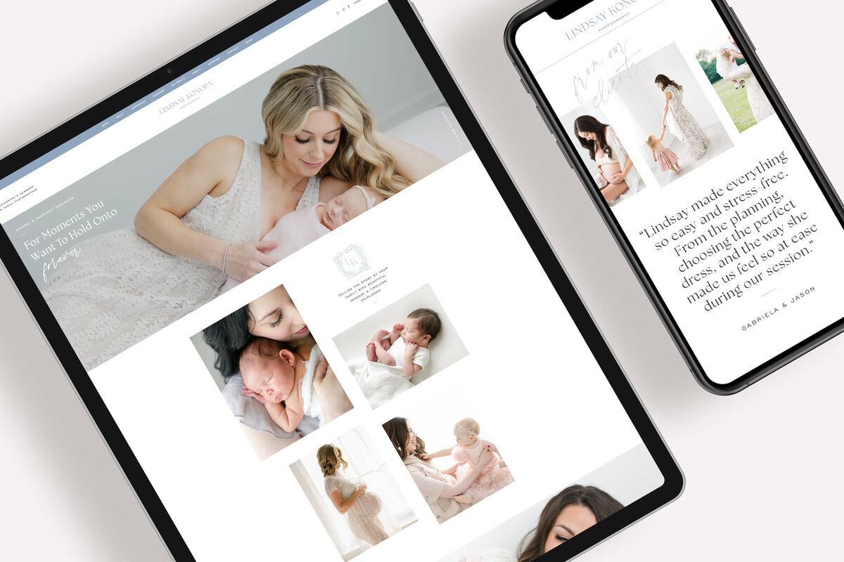 a mockup showing a soft, timeless website for a photographer