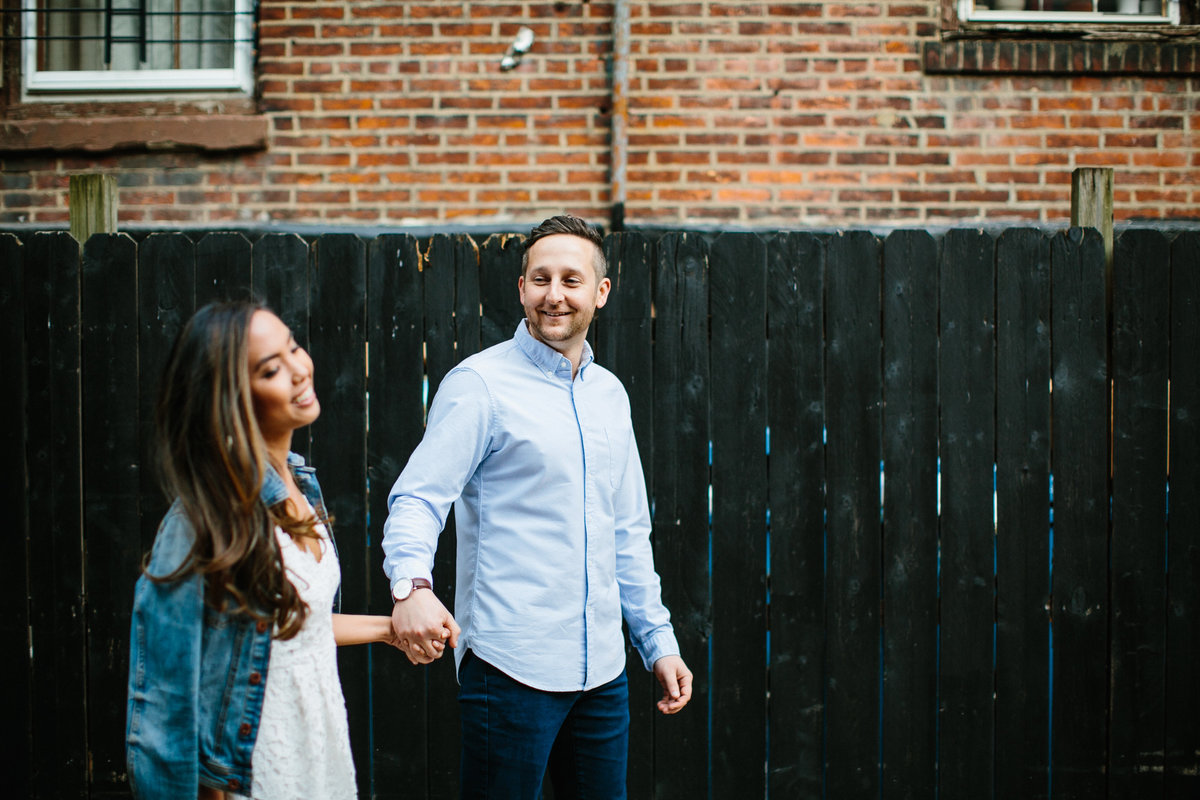 Soon to be bride and groom photographed by Sweetwater Portraits in Philadelphia's historic Old City Neighborhood.