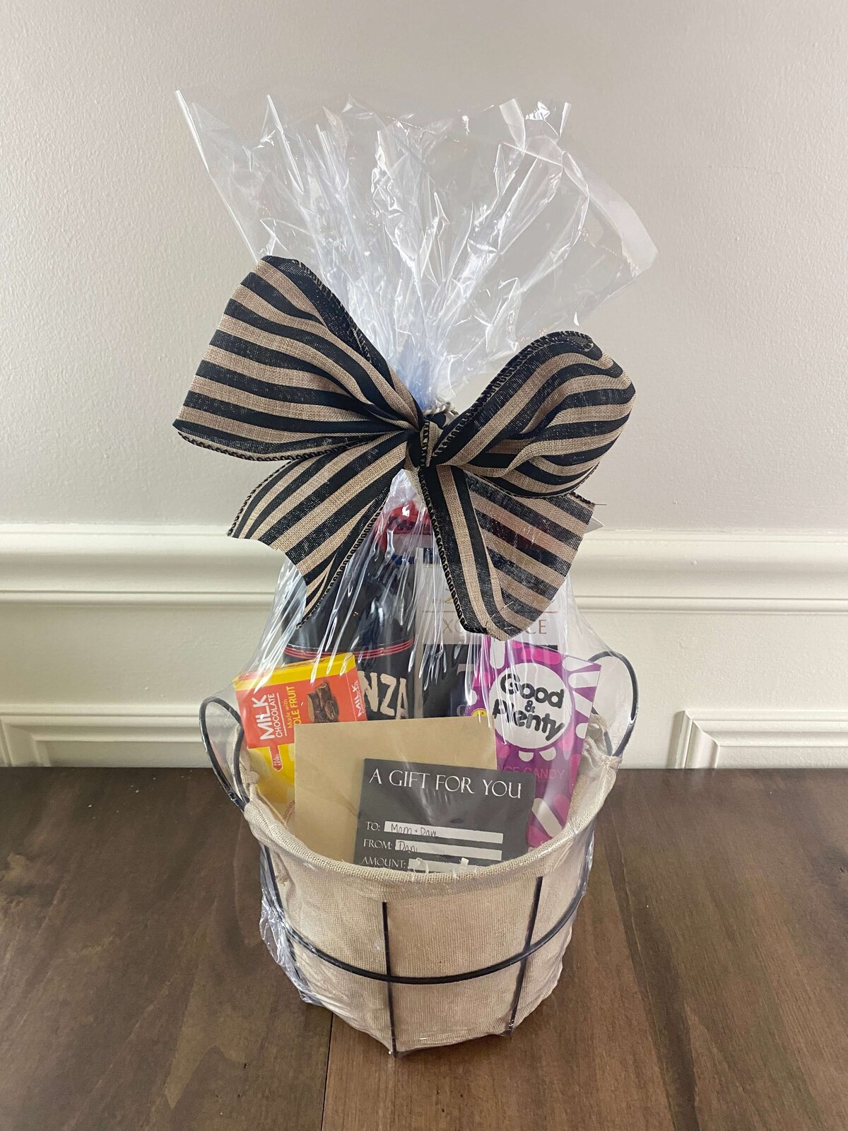 Thank You Gift Basket with Wine, Snacks and Gift Card Wrapped with Bow