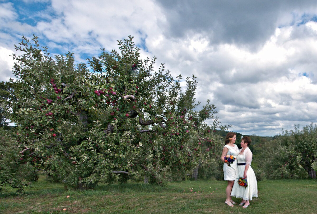 Brides on their wedding day in apple orchard