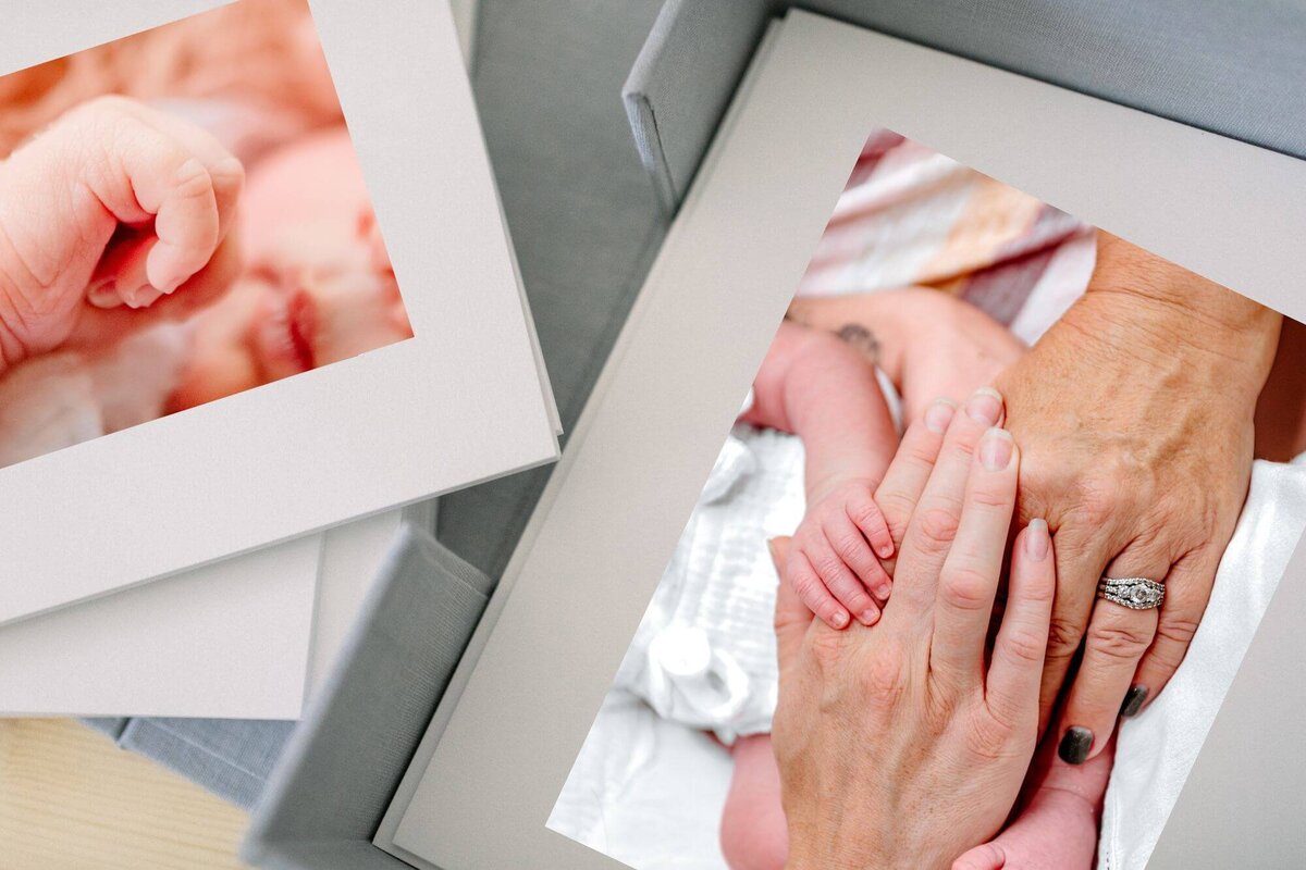 Close up view of images taken by Cactus & Pine Photography at newborn session in a gray, matted-print box