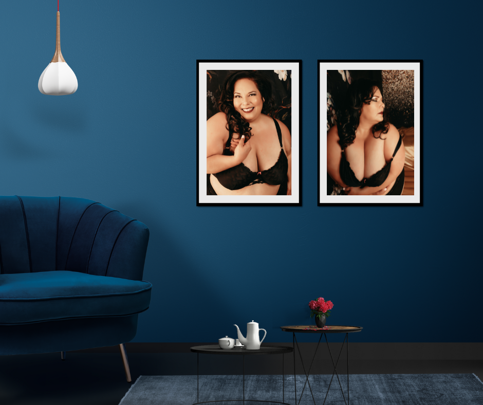Blue wall with two beautiful boudoir images of a plus size woman in Minneapolis Mn