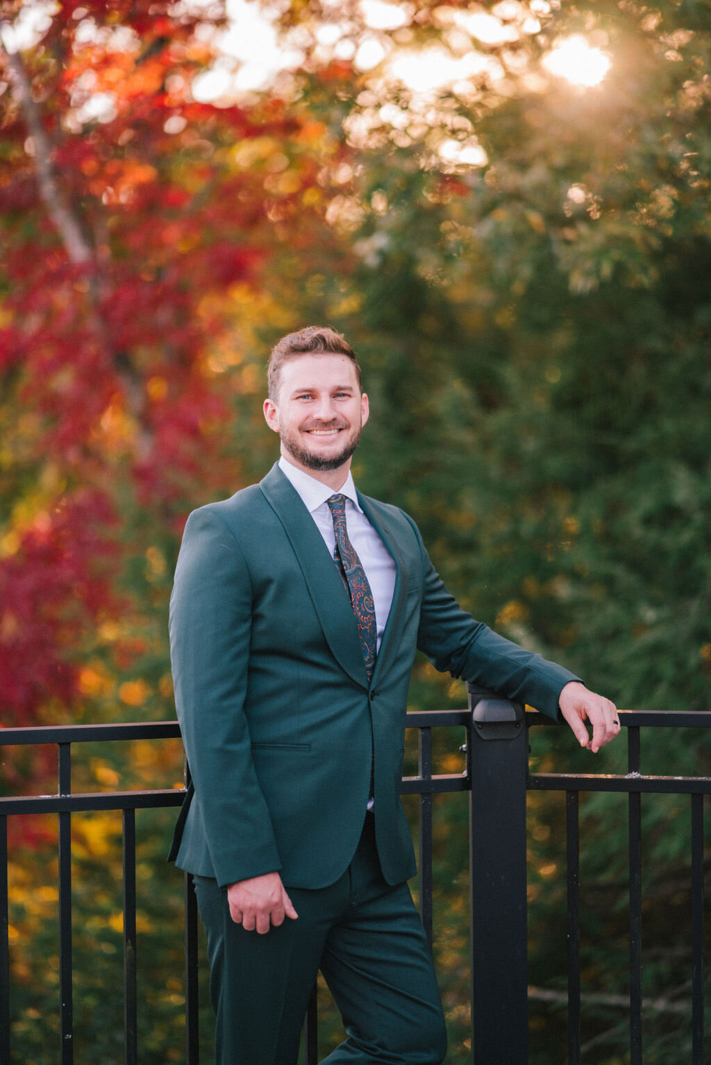 Groom in blue suit at the greenbrier wedding venue in gatlinburg tennessee