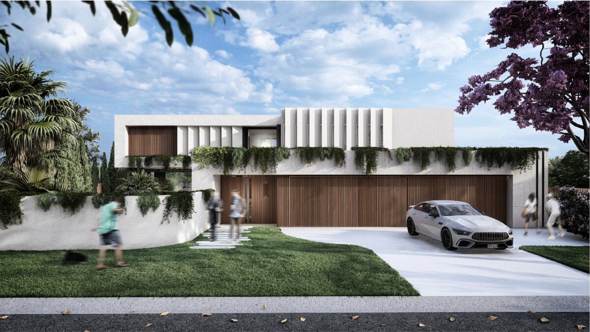 Thalassa – A luxury modern home by NXTgen Construction featuring warm timber accents, lush landscaping, and innovative architectural details.