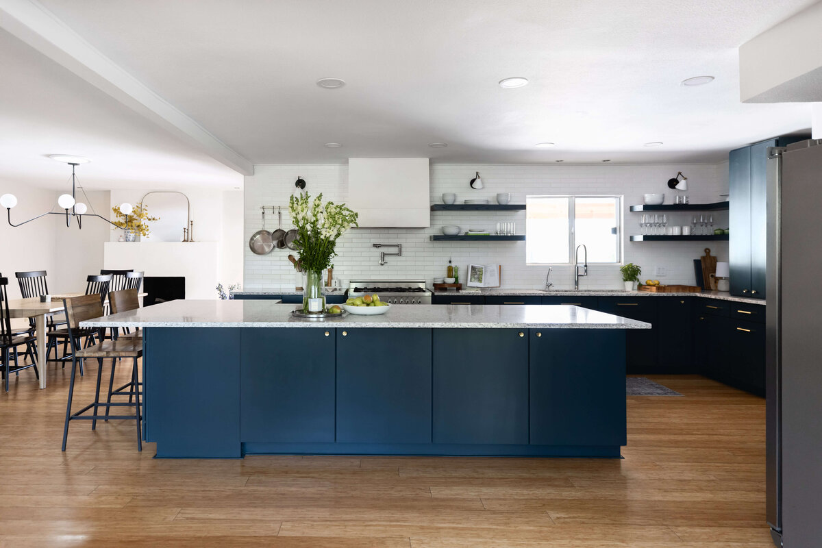 designer kitchen with open shelving and narrangansett blue cabinets (1)