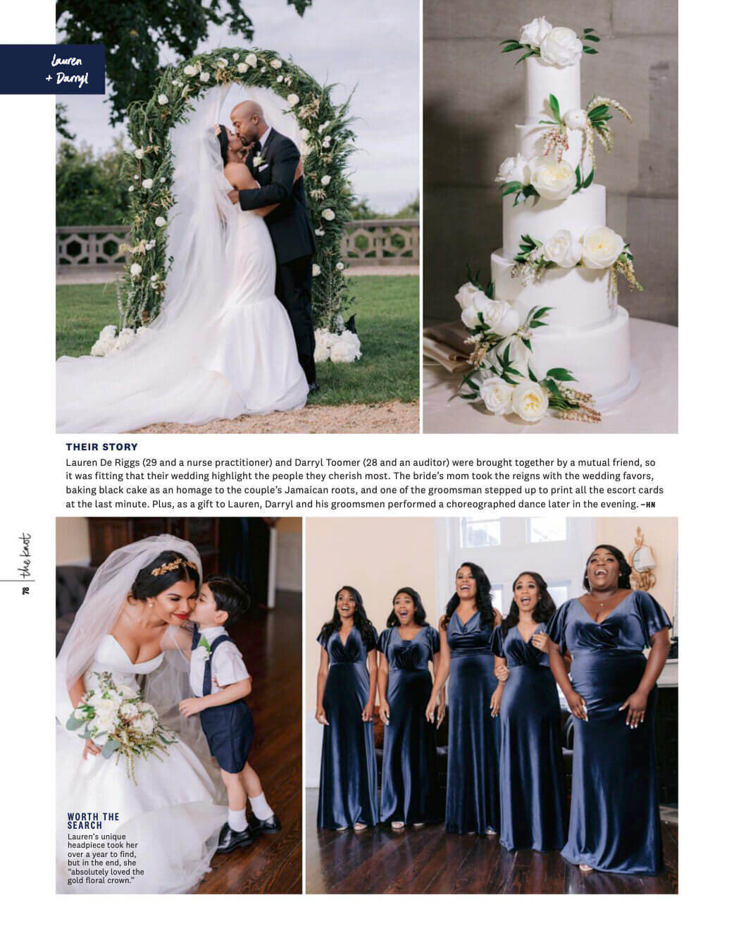 A page in The Knot Magazine where there are images of the bride and groom, bridesmaids, wedding cake. Image by Jenny Fu Studio
