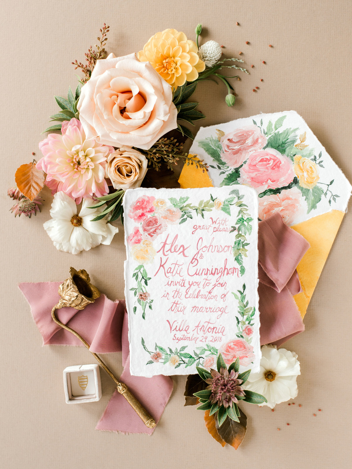 Custom wedding invitation and envelope with floral liner