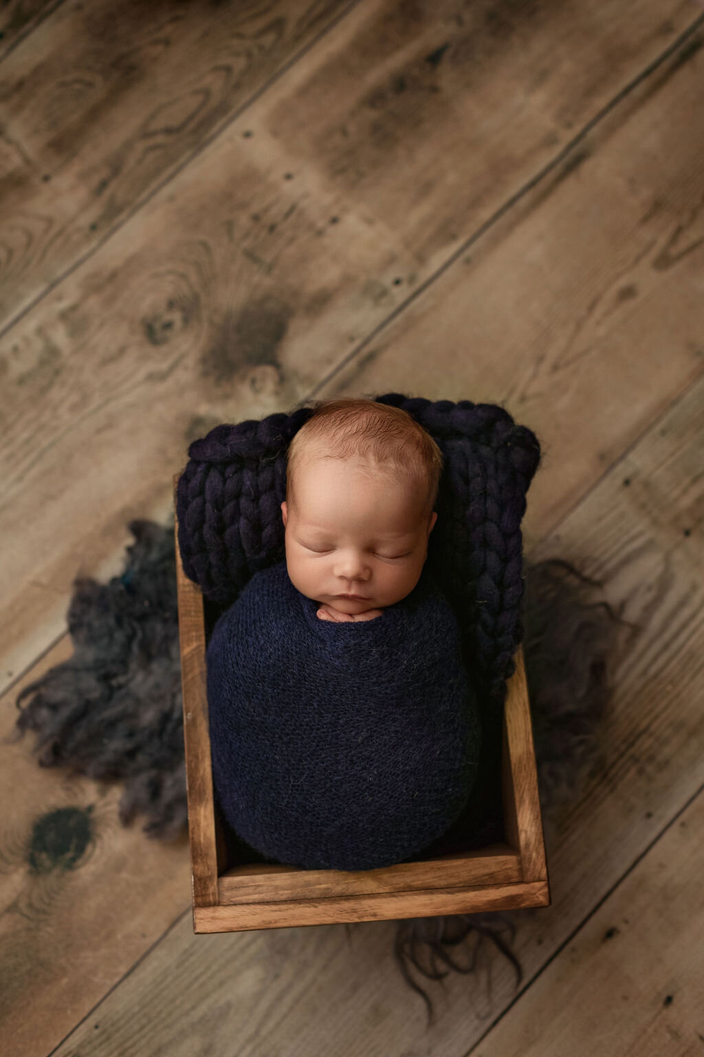 posed newborn photos of baby boy in navy blue for his erie newborn photos