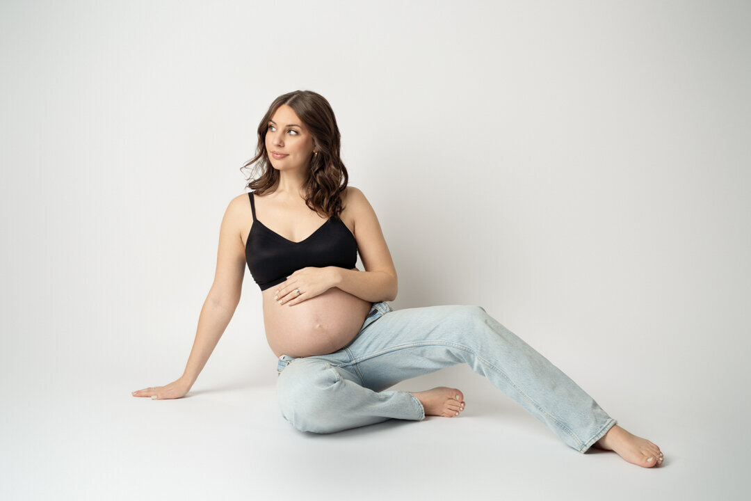 Lansing Maternity Photography Bra and Jeans Sitting by For the Love of Photography