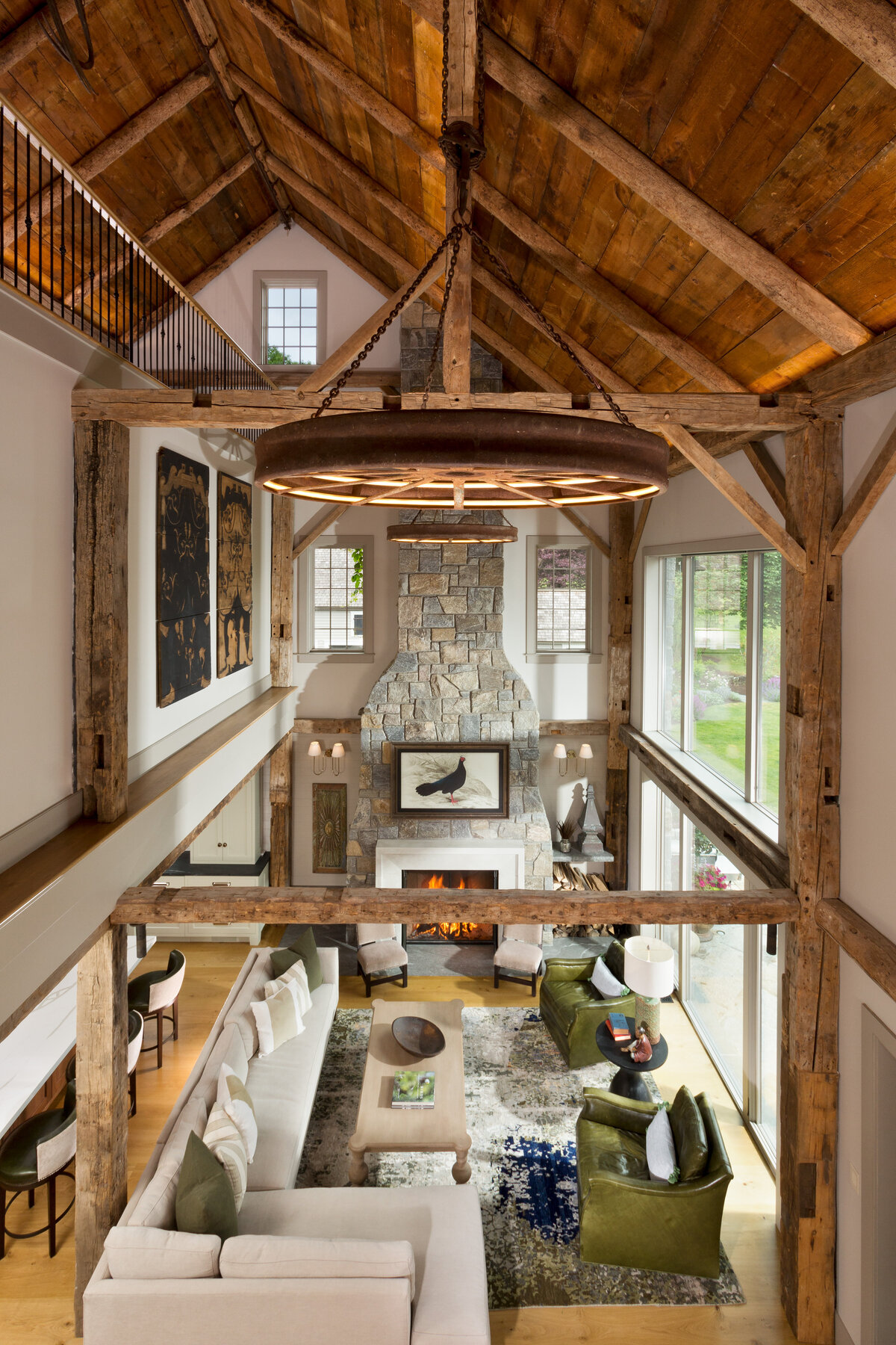 high view of living room with wood ceiling